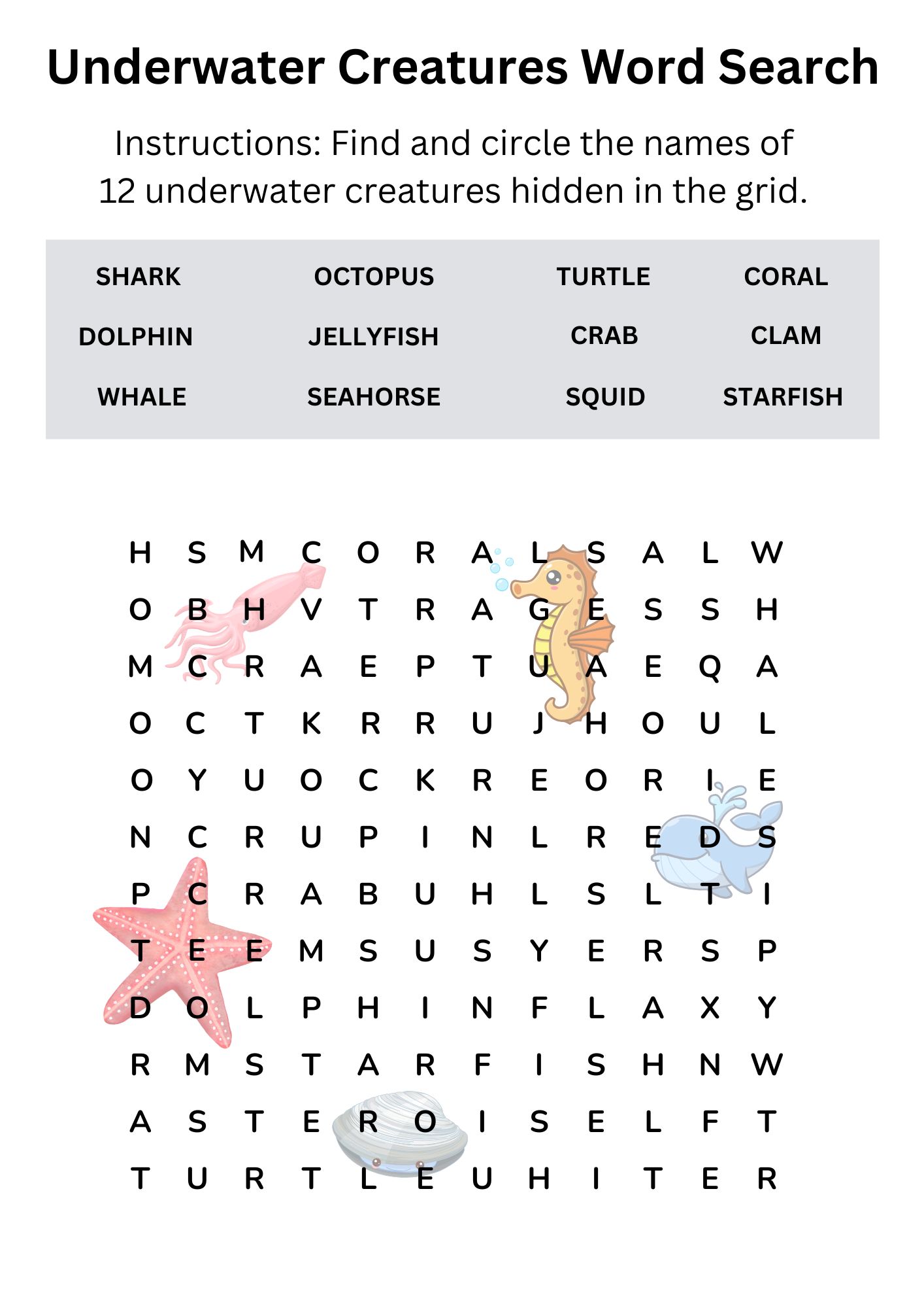 Word Search - Underwater creatures